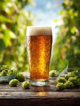 A vibrant, golden brew with a thick, airy foam rests on weathered wood, framed by lush hops and...