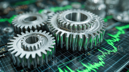 Intricate chrome mechanisms coordinated across a sleek cybernetic, illuminated by vibrant green data...