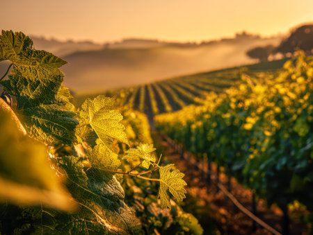 Rows of grapevines bathed in gentle sunset hues stretch across rolling hills, with a misty backdrop enhancing the tranquil, idyllic countryside scene.の写真素材