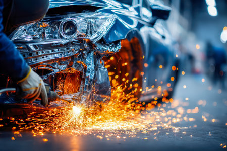 A passionately technicianly restores a heavily damaged vehicle front, sparks illuminating the dark workshop as they expertly weld in nighttime conditions.の写真素材