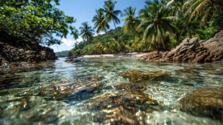 Gentle sunlight illuminates a serene, transparent stream weaving through vibrant jungle foliage, with smooth stones visible beneath the sparkling water on a warm, clの写真素材