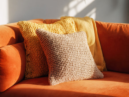 A inviting lounge corner features a vibrant orange armchair adorned with plush beige and yellow knit pillows, complemented by a matching yellow blanket, all illuminaの写真素材