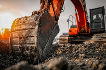A rugged orange excavator scoops earthy soil at dusk, its muddy metal bucket in sharp detail, capturing the work ethics and vibrant hues of sunset.の写真素材