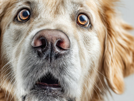 A detailed shot capturing a golden retriever's facial features, highlighting textured skin, bright eyes full of curiosity, set against a soft, light backdrop.の写真素材