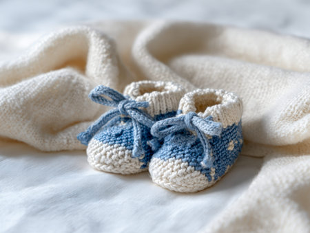 Tiny, handcrafted baby footwear in soothing blue and white tones with delicate bows, nestled on a plush cream blanket to evoke coziness and tender care.の写真素材