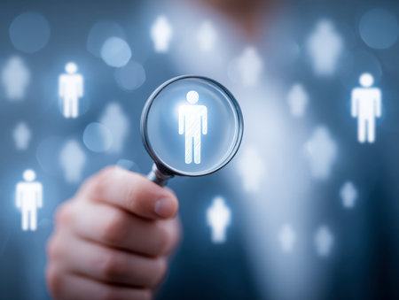 A focused professional examines a specific figure within a cluster of silhouettes, symbolizing targeted talent identification amidst a diverse pool of candidates.の写真素材