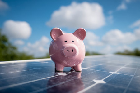 A pastel-colored savings container rests atop a solar energy module beneath a clear blue sky, highlighting eco-conscious wealth growth and green investment practices.の写真素材