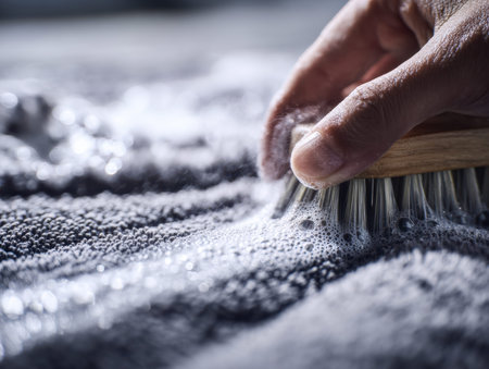 A close-up of a hand gently working a tiny brush into a rough gray textile, frothing with soap...
