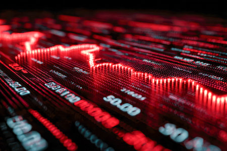 A vibrant, high-tech visualization featuring a glowing red financial chart with dynamic peaks and dips, set against a sleek futuristic digital backdrop, illustratingの写真素材