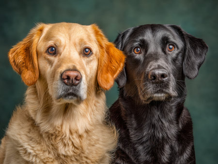 Two serene retrievers, one golden and one black, sit side by side in a peaceful studio pose, their gentle gazes complemented by a softly blurred green backdrop.の写真素材