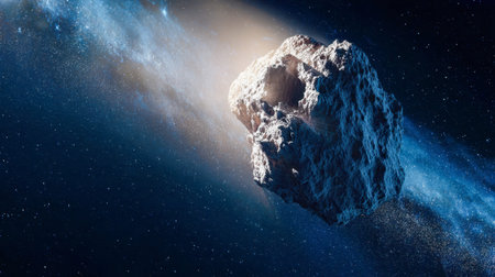 A massive, rugged space fragment streaks through cosmic darkness, trailing luminous light as it...