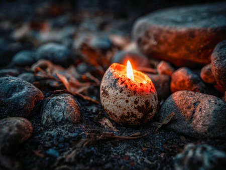 A handcrafted egg-shaped candle emits a gentle, amber glow amid rugged stones and organic fragments, evoking a mysterious twilight setting outdoors.の写真素材