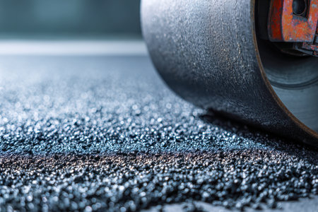 A powerful compactor flattens newly laid blacktop, transforming a busy city street as crews work diligently to refresh road surfaces amidst urban activity.の写真素材