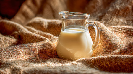 A clear glass pitcher brimming with smooth, fresh milk sits atop rough, woven burlap, bathed in gentle sunlight that evokes a warm, rustic countryside charm.の写真素材