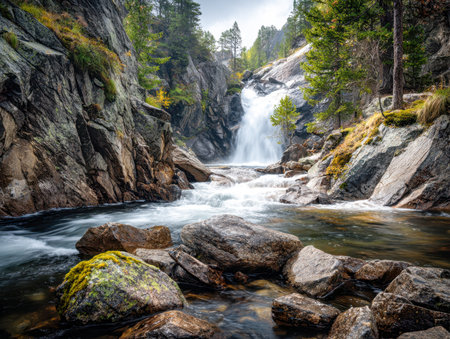 A gentle stream tumbles over rugged stones amid vibrant pine groves, creating a tranquil scene beneath a clear, sunlit sky in a pristine woodland.の写真素材