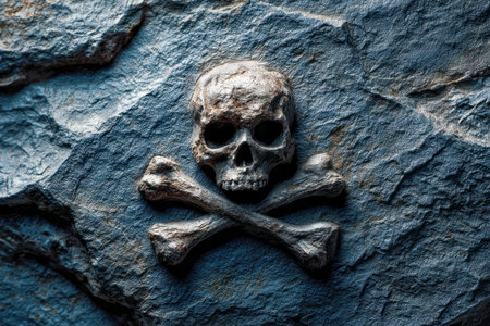 A sculpted skull with crossbones emerges from a rough stone surface, illuminated by stark shadows that evoke a sense of mystery and timeless antiquity.の写真素材