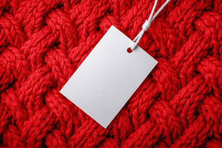 A simple white tag dangles from a thread against a rich red knitted backdrop, highlighting soft, handcrafted warmth and inviting a sense of cozy charm.の写真素材