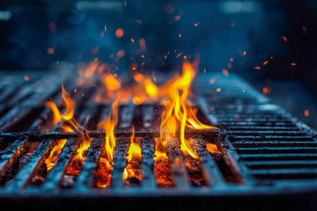 Warm, flickering firelight dances over a sturdy cast iron grill, casting an inviting glow in the cool dusk as an outdoor feast prepares to begin.の写真素材