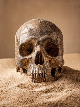 An ancient skull lies partly hidden beneath shimmering sands, set against a soft, sunlit backdrop that evokes suspense and timeless desert secrets.の写真素材
