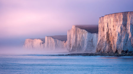 Gentle pastel hues illuminated majestic white cliffs as a quiet fog rolls over the coastline,...