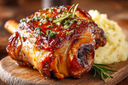 A flavorful pork knuckle, glazed to perfection and topped with fragrant herbs, rests on a rustic wooden board, accompanied by smooth mashed potatoes and aromatic rosの写真素材