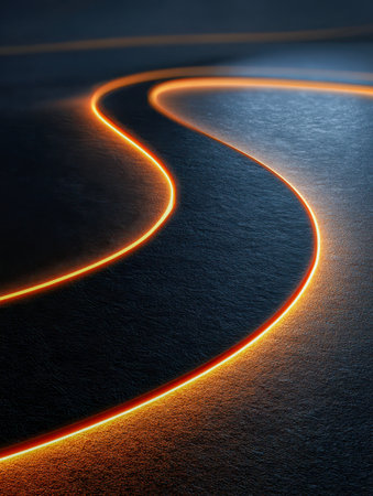 A sleek, high-tech composition featuring luminous orange arcs gracefully sweeping across a gritty black background, evoking innovation and dynamic visual energy.の写真素材