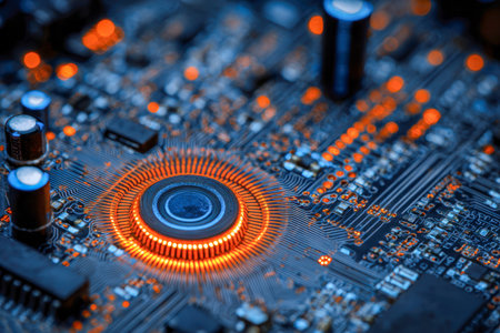 A vibrant orange ring-shaped microchip radiates illumination amidst a sleek blue circuit matrix, featuring complex pathways and miniature capacitors in a modern techの写真素材
