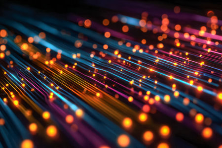 Luminous fiber optic threads swirl in energetic motion, casting vivid orange and blue glows that evoke a sleek, forward-thinking digital network environment.の写真素材