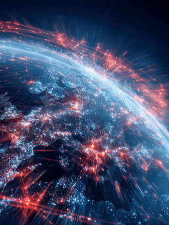 A vibrant digital tableau showcasing an interconnected continent, where luminous nodes and flowing...