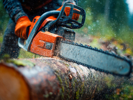 A worker in safety gloves expertly slices through timber with a vibrant orange chainsaw amidst lush greenery, creating a shower of fine wood particles and dust.の写真素材