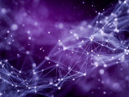 A vibrant visualization of a high-tech web, featuring glowing points linked by intricate lines, suggesting dynamic data exchange against a soft purple haze.の写真素材