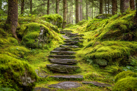 Gentle stone risers meander through a vibrant, moss-adorned woodland floor, embraced by towering trees, creating a serene and inviting trail in nature's calm oasis.の写真素材