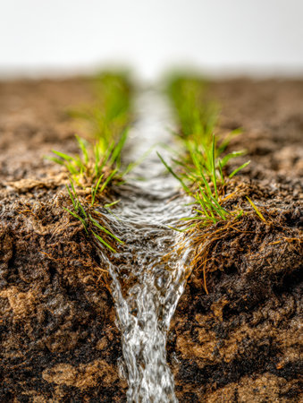 A lively stream means through rich earth, bordered by lush grass, creating a serene scene of natural vitality and vibrant greenery in an outdoor setting.の写真素材