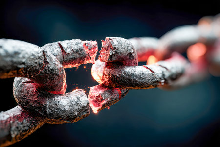 An intense macro shot capturing a weathered, oxidized metal chain with a luminous, fractured link near failure, evoking themes of instability and vulnerability against aの写真素材