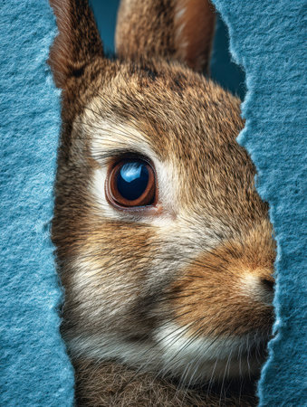 A playful rabbit with intricate fur patterns gazes intently through a jagged tear in vivid blue...