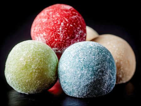 Vibrant, chilled fruit spheres with a frosty coating form a delightful and eye-catching display, perfect for cooling down and adding a splash of color to summer gathの写真素材