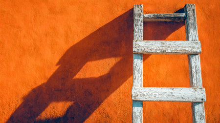 An aged wooden step ladder rests against a vibrant orange wall, its silhouette sharply defined by intense sunlight, creating striking geometric shadows on the textureの写真素材