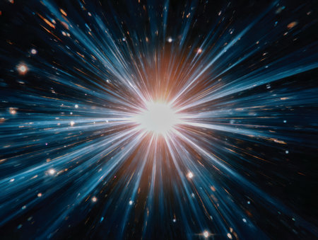 An explosive celestial event unleashes radiant light and vibrant energy streaks across a shimmering star-studded backdrop, capturing cosmic power and movement.の写真素材