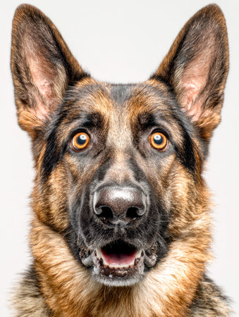 A keen-eyed German shepherd with perked ears and a curious gaze, set against a plain, light backdrop that highlights its attentive expression and sleek coat.の写真素材