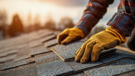 A skilled laborer in safety gloves carefully lays durable gray roof tiles amid a golden evening glow, with autumn foliage softly blurred in the background.の写真素材