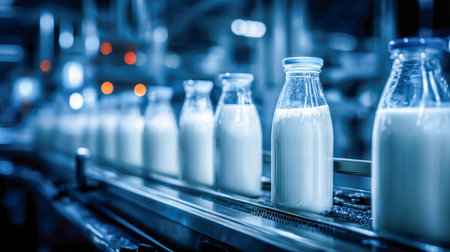 Sleek, modern dairy facility with illuminated blue hues, showcasing transparent milk containers gliding seamlessly through an advanced, robotic manufacturing systemの写真素材