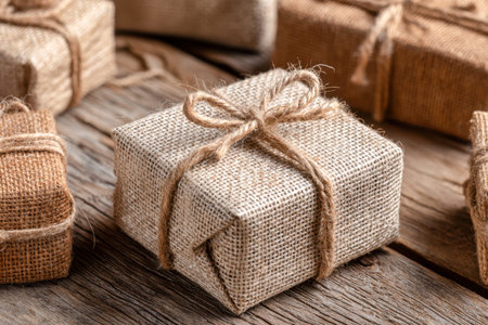 Rustic craft gift parcels enveloped in coarse burlap and finished with simple jute bows, artfully...