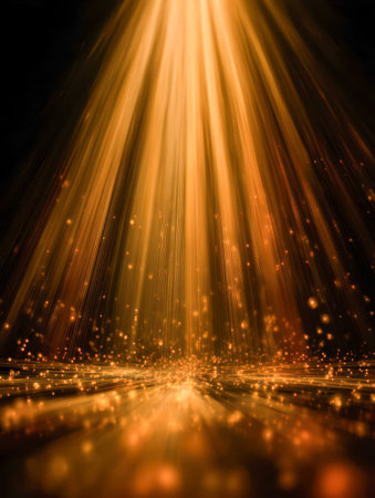 Warm, luminous rays cascade over a shimmering landscape of twinkling particles, conjuring an...
