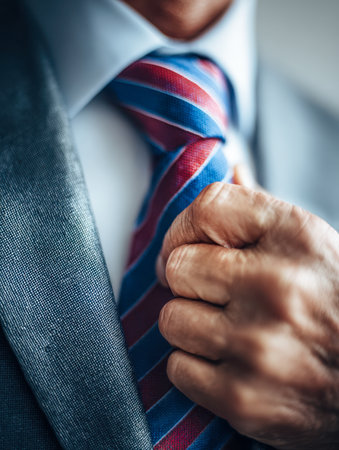 A confident professional in a textured gray suit fine-tunes his red and blue striped tie, embodying preparedness and style for an important business occasion.の写真素材