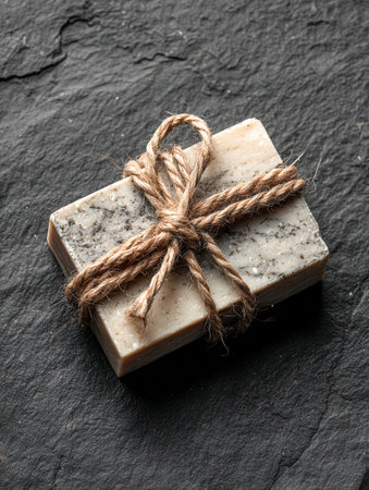 A crafted soap block wrapped in earthy twine rests on a rugged slate surface, radiating purity and sustainable skincare appeal.の写真素材