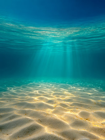 Rays of golden sunlight filter through vibrant turquoise waters, casting shimmering patterns over a textured sandy floor in a peaceful underwater scene.の写真素材