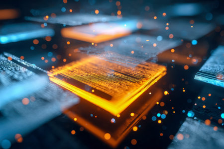 A high-tech cybernetic display features luminous data modules pulsing with energy amidst vibrant...