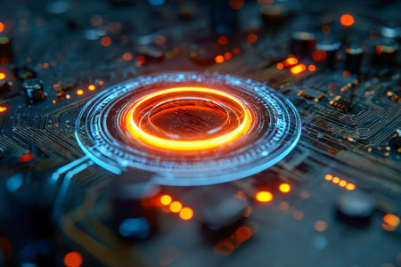 A high-tech, luminous orange ring centered over a complex circuit board, showing detailed electrical routes and striking blue accents that evoke innovation and cyの写真素材