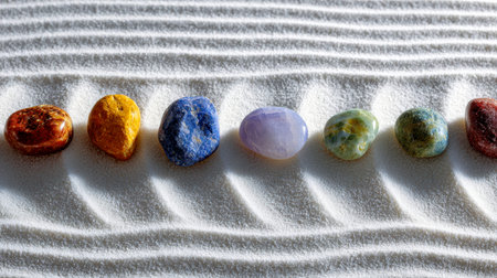 Colorful gemstones shimmer softly against textured sand, evoking tranquility and harmony, ideal for...