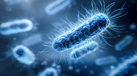Intricate digital rendering of elongated microbes adorned with fine hair-like projections, drifting...
